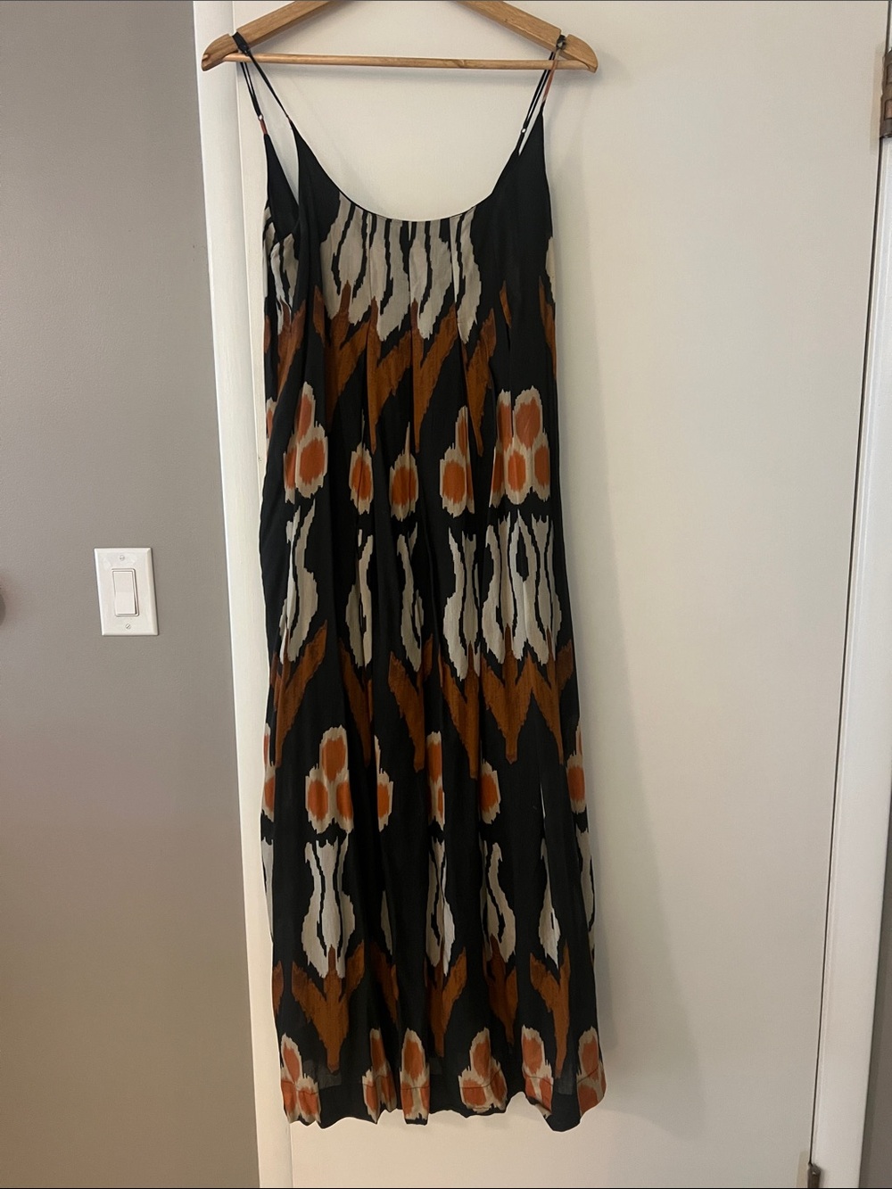 Anthropologie Black Maxi Slip Dress with Rust and Cream Ikat Print